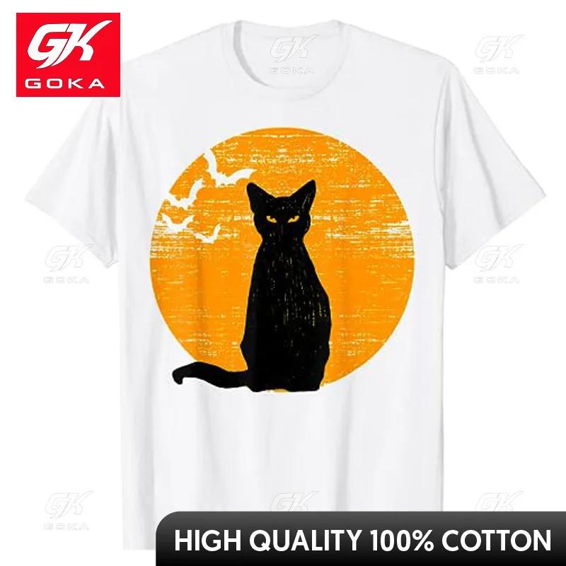 Vintage Scary Halloween Black Cat Costume Retro Moon Cat Mom TShirt Womens Fashion Kitty Lover Graphic Tee Mama Halloween Gift S