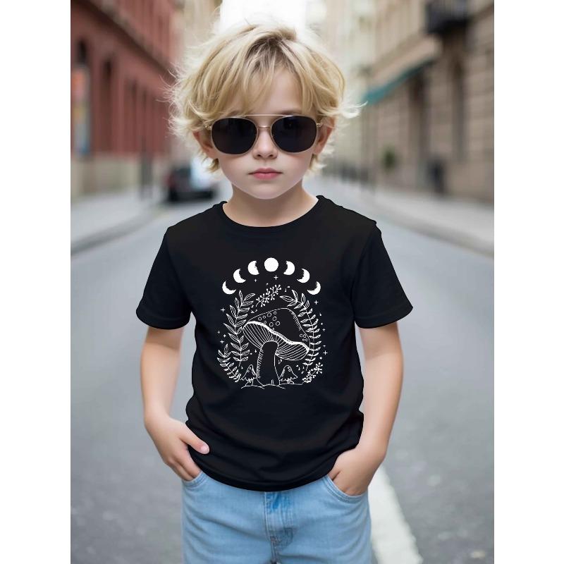 European Size Boys Round-neck Short-sleeved T-shirt with Mushroom Pattern Print