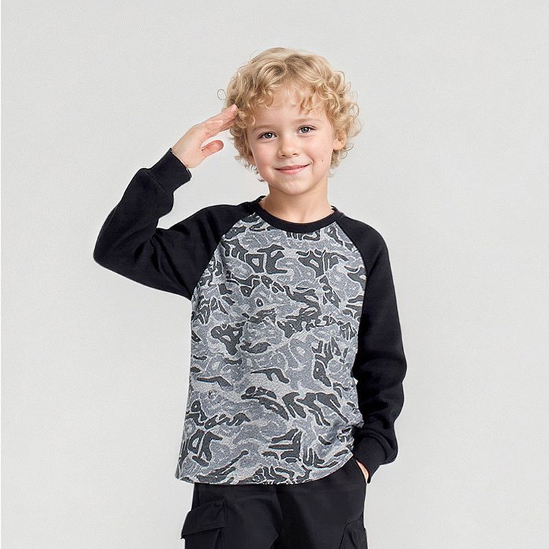 and Autumn Children s Clothing Korean Style Children s Casual Long-Sleeved Pullover for Older Children Camouflage Color-Blocking Top Boys Sweatshirt Gray/Black 120