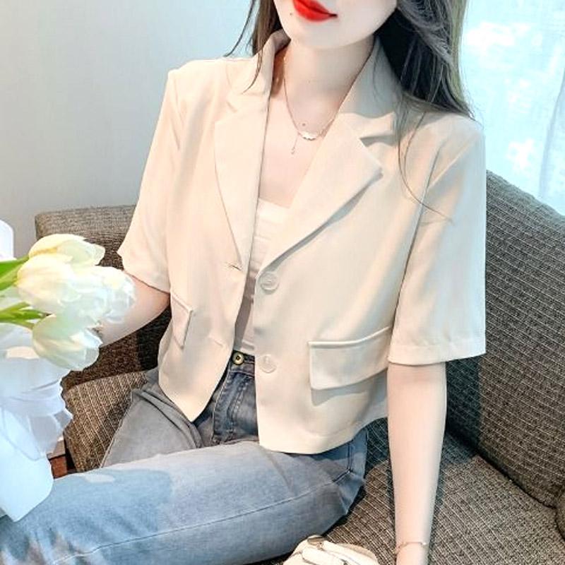 Spring Summer Office Lady New Solid Fashion Turn-down Collar Unique Short Sleeve Chiffon Cardigan Top All-match
