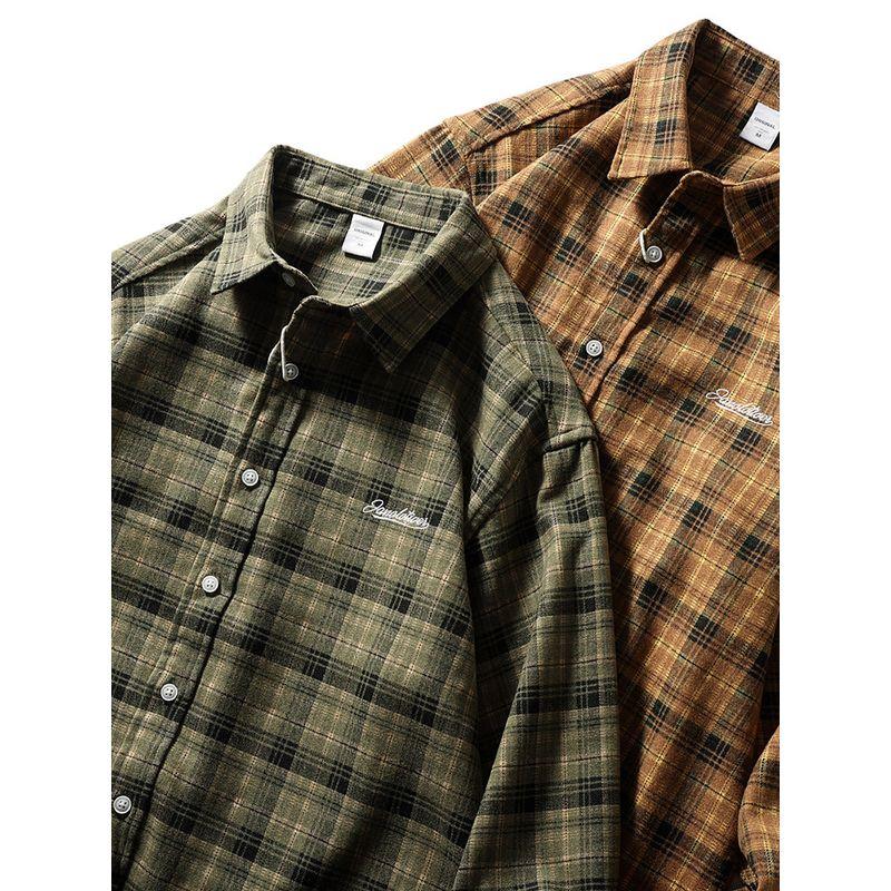 American Retro Brushed Plaid Shirt Men's Long-Sleeved Spring and Autumn Jacket Foreign Trade Men's Casual Inner Layering Shirt