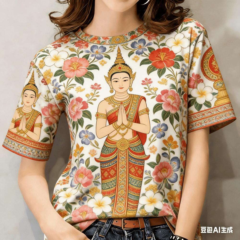 Unisex Casual T-Shirt with Flower Print - Suitable for Songkran Festival