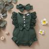 0-18 Months Newborn Baby Girl Plain Soft Bodysuit Lace Flared Sleeve Summer Romper with Headband Toddler Baby Girl Clothing