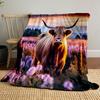 "Highland Cow In Lavender Field" Patterned Blanket, Flannel, Suitable for All Seasons, Home Decor, Warm and Cozy