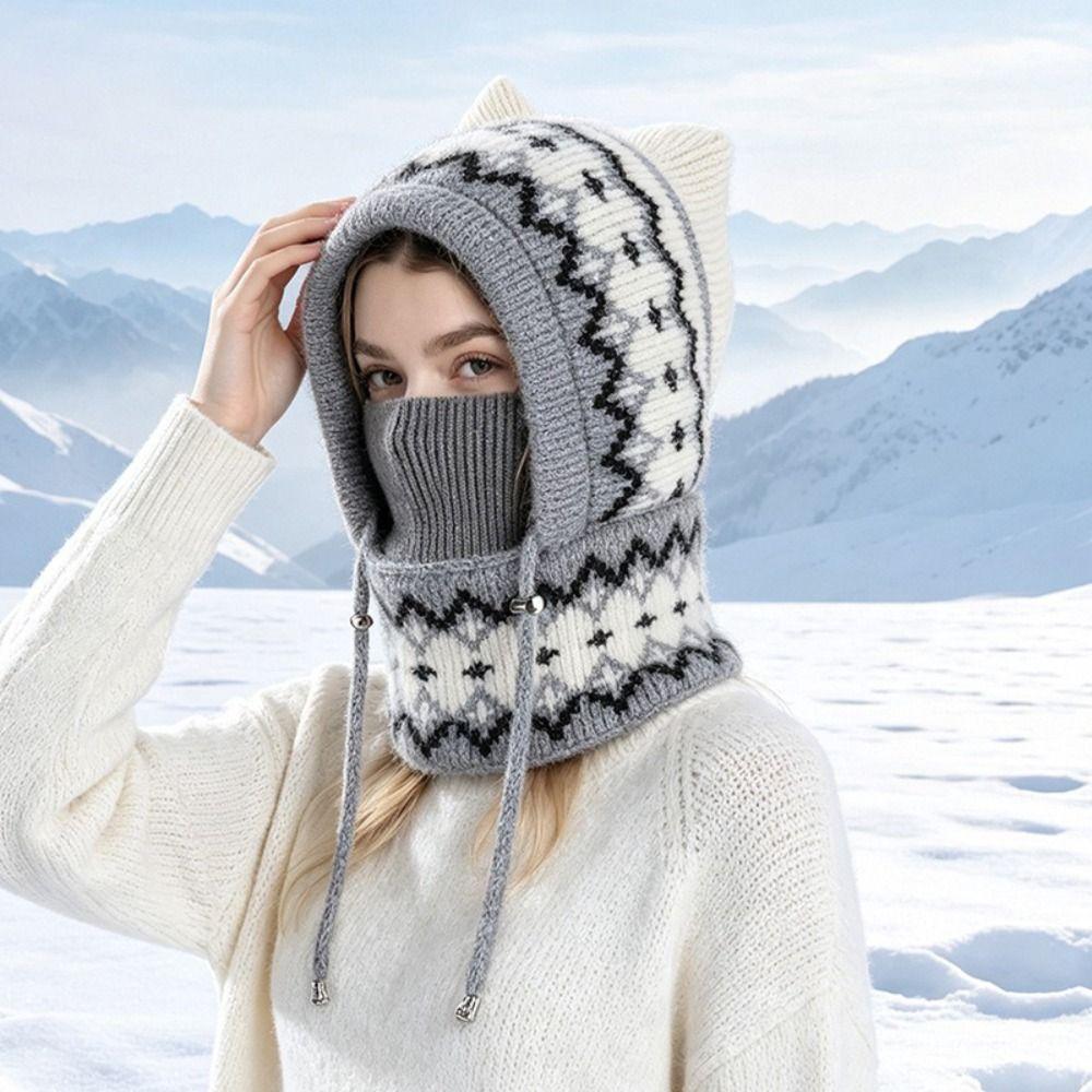 Integrated Warmth Knitted Beanie Hat Knitted Hooded Cap Cute Winter Hat with Scarf  Outdoor Sports