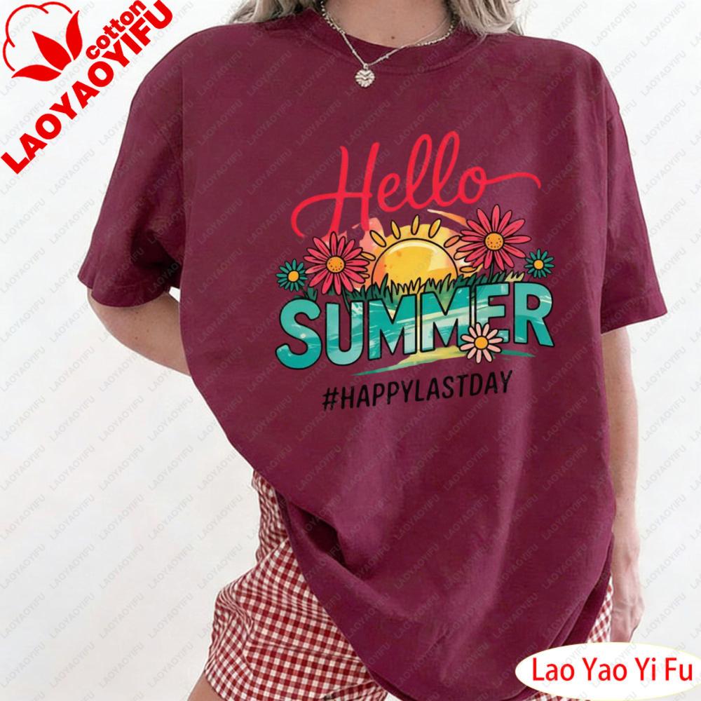 Hello Summer Happy Last Day of School Teacher Student TShirt Lifestyle Enthusiast Tops Colorful Flower Prints Clothes