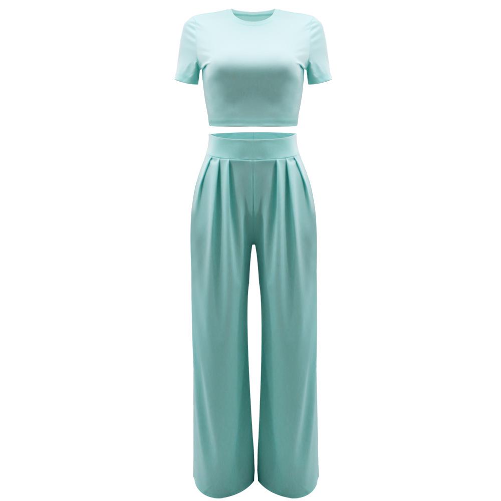 Crop Top & High Waist Loose Straight Leg Pants Set – Solid Color