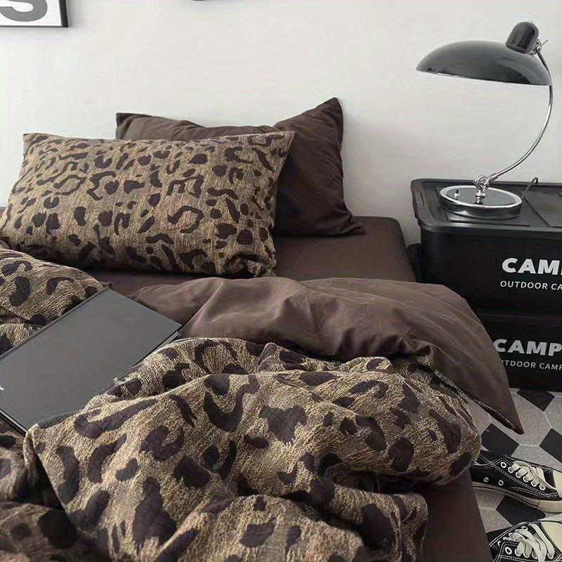 Leopardtrykk Vintage Vasket Bomull Laken Dynetrekk Firesett Student Enkelt Hybel Tredelt Sengetøysett