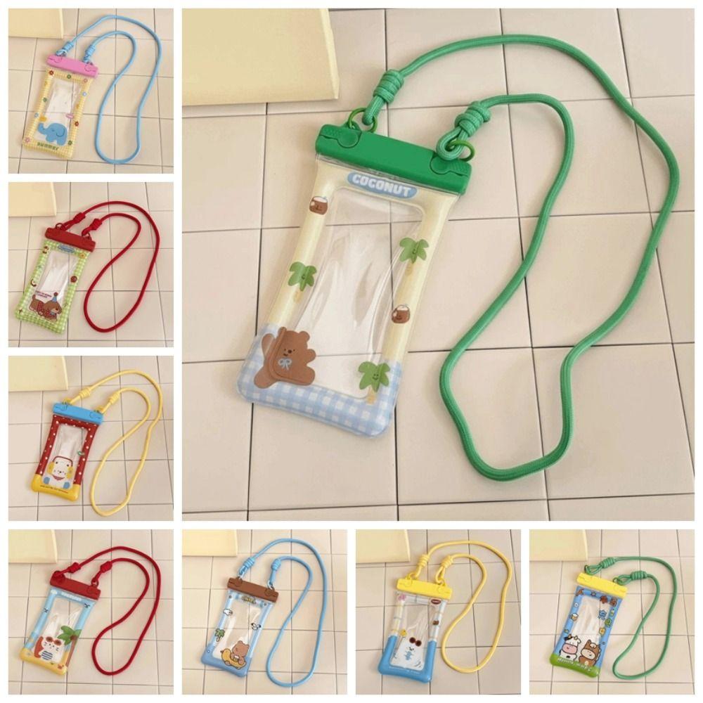 Adjustable Strap Waterproof Phone Pouch Cartoon Animal Printed Sealed Transparent Hanging Neck Bag PVC ABS Crossbody Dry Bag Men
