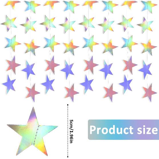 2 Pcs Star Garland Holographic Decor, Hanging Stars Decorations 6.56 Feet Star Streamers for Wedding Birthday Party Graduation Hanging Banner