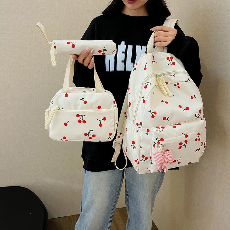 Three-Piece All-Match School Bag Large Capacity Laptop Backpack Cherry Printed Kawaii Nylon Backpack School Outdoor Backpack