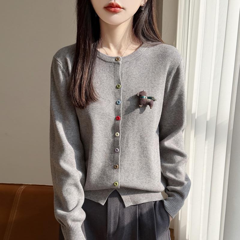 Spring 2026 Women's Knitwear Round Neck Cardigan with Colorful Buttons and Small Horse Design