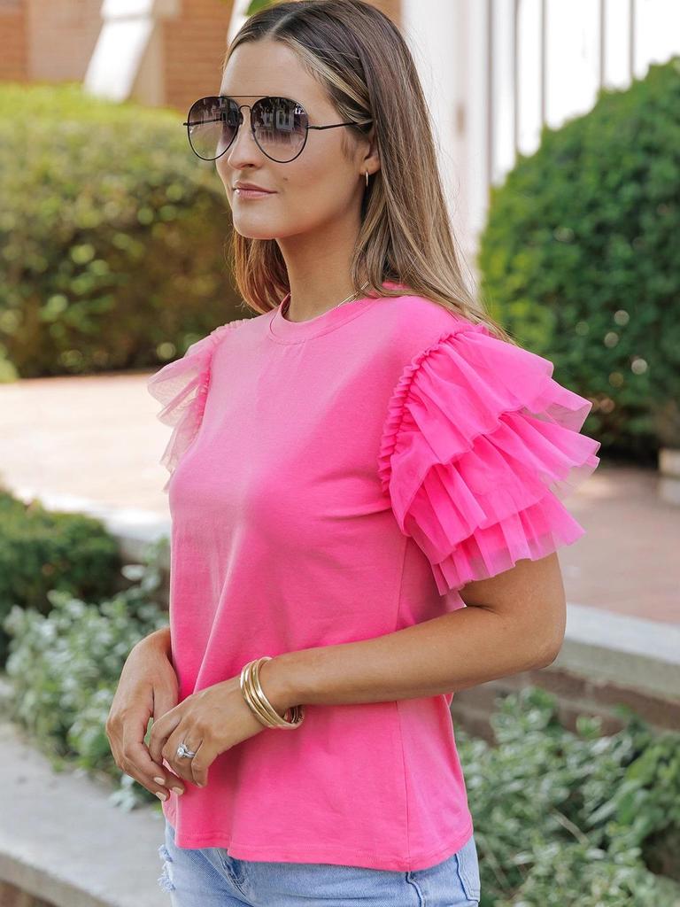 European and American Summer Gauze Ruffle Sleeve Women's Cropped T-Shirt