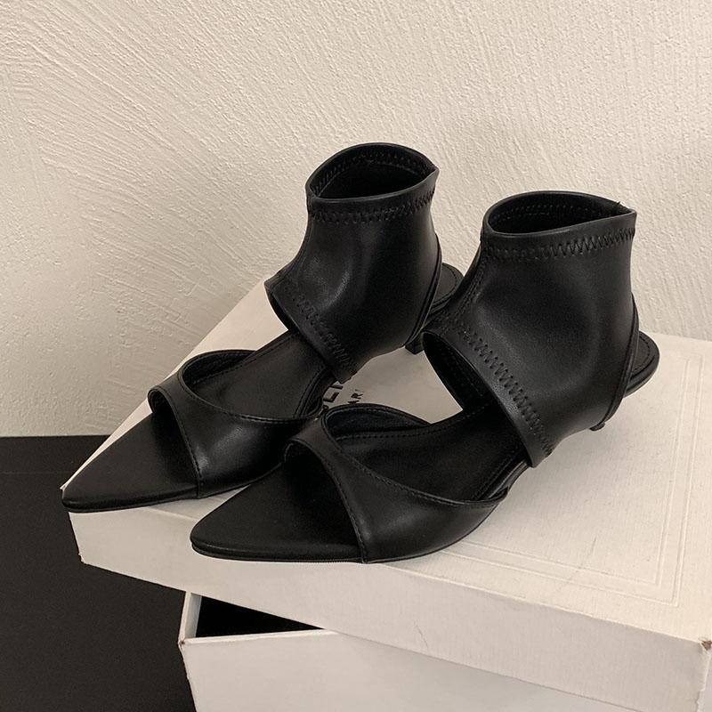 

Fashion Black Female Low Heel Footwear Open Toe Ankle Stretch Boots Shoes For Women Fashion Modern Ladies Heeled Sandals Booties Shoes 35
