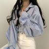 Spring  Lantern Sleeve Striped Shirt Top for Women New Korean Academy Style Design Loose