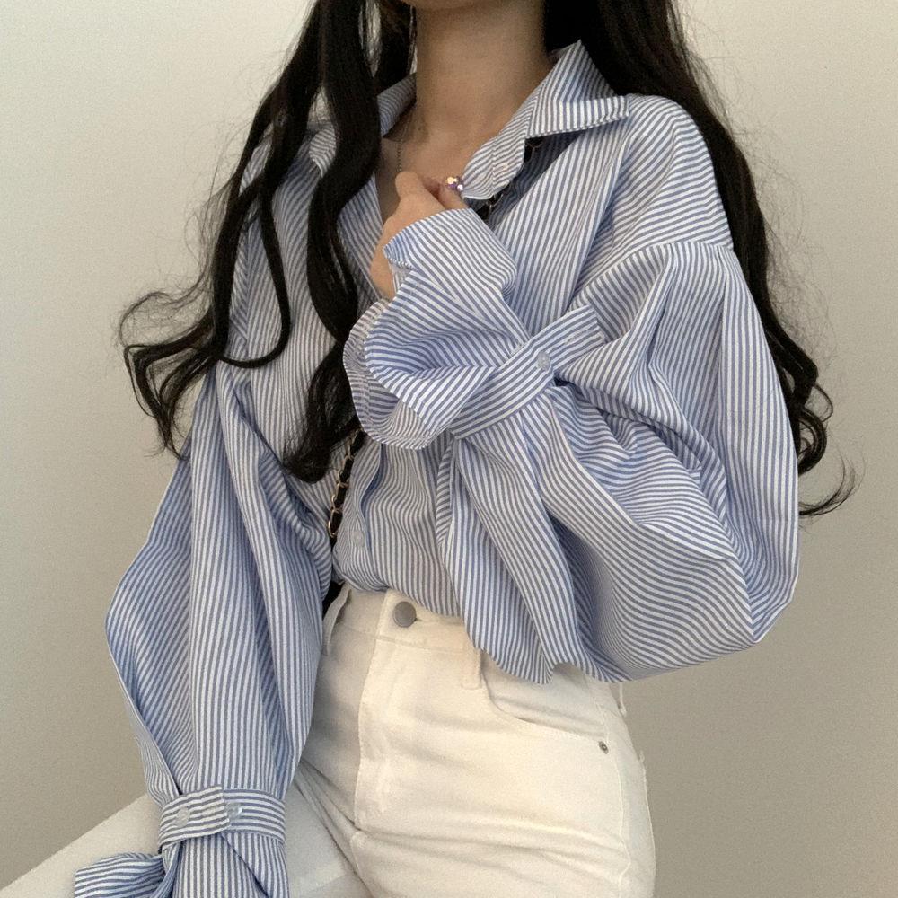 Spring  Lantern Sleeve Striped Shirt Top for Women New Korean Academy Style Design Loose