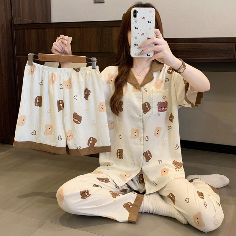 Bear Cartoon Cloud Cotton High Value Summer Women'S Loungewear Pajamas Short Sleeves Three-Piece Set