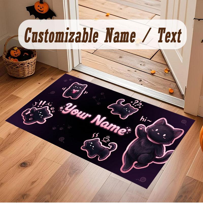 Cat Theme Crystal Velvet Floor Rug Personalized Custom Name Text Warm Carpet Home Decoration