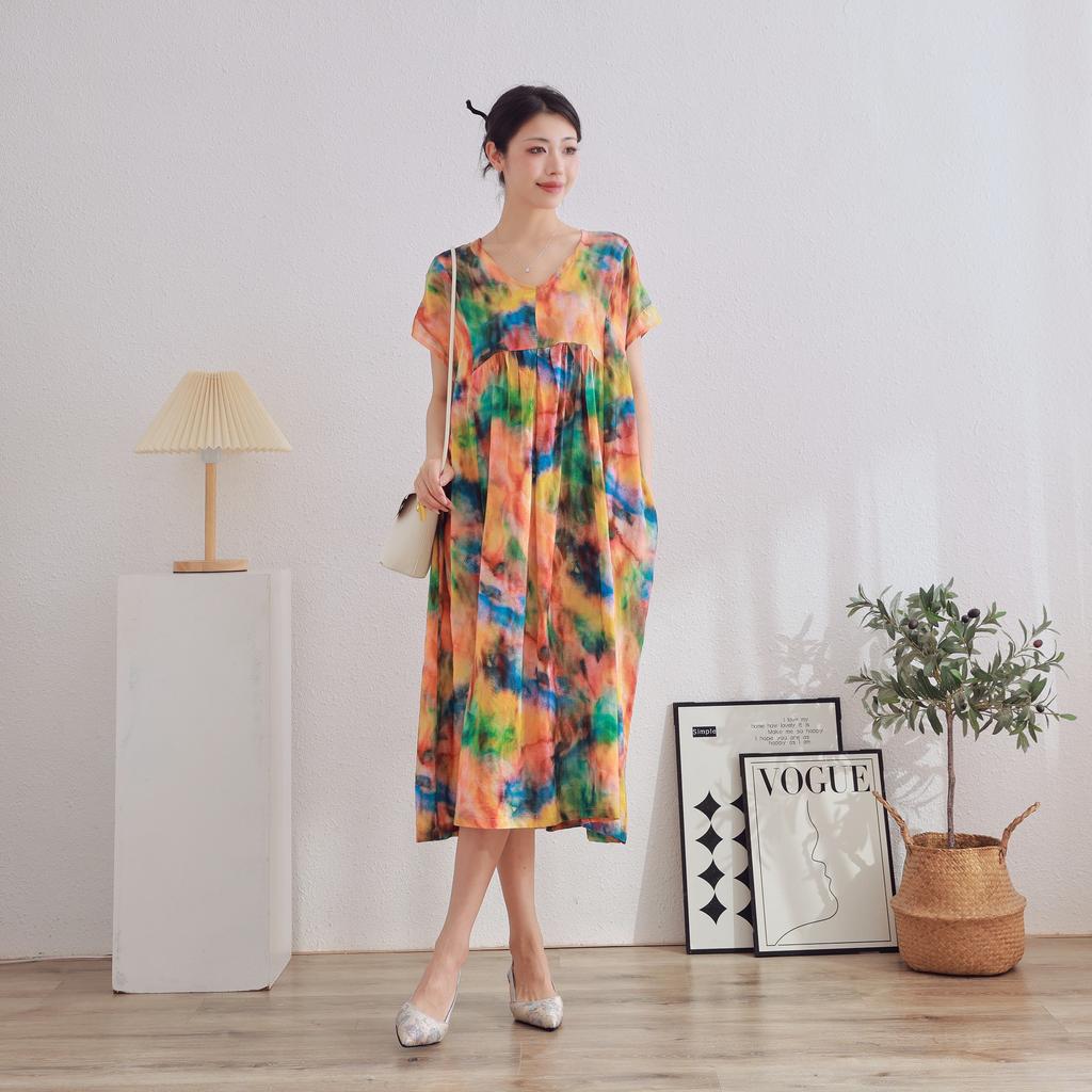 DIMANAF 2025 Women Plus Size Summer Dress V-Neck Casual Floral Dress Basic Vintage Loose Long Dress