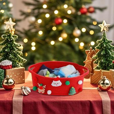 Christmas Gift Basket Braided Rope Basket with Handles Large Capacity Toy Organizer Cute Xmas Basket for Festive Gifts Home Storage