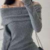 Women Knitting Tops Off Shoulder Long Sleeve Solid Color Slim Fit Pullover Tops Sexy Ribbed Long Blouse
