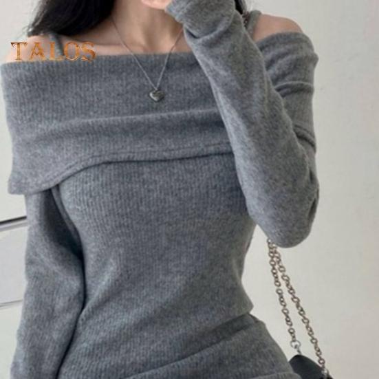 Women Knitting Tops Off Shoulder Long Sleeve Solid Color Slim Fit Pullover Tops Sexy Ribbed Long Blouse