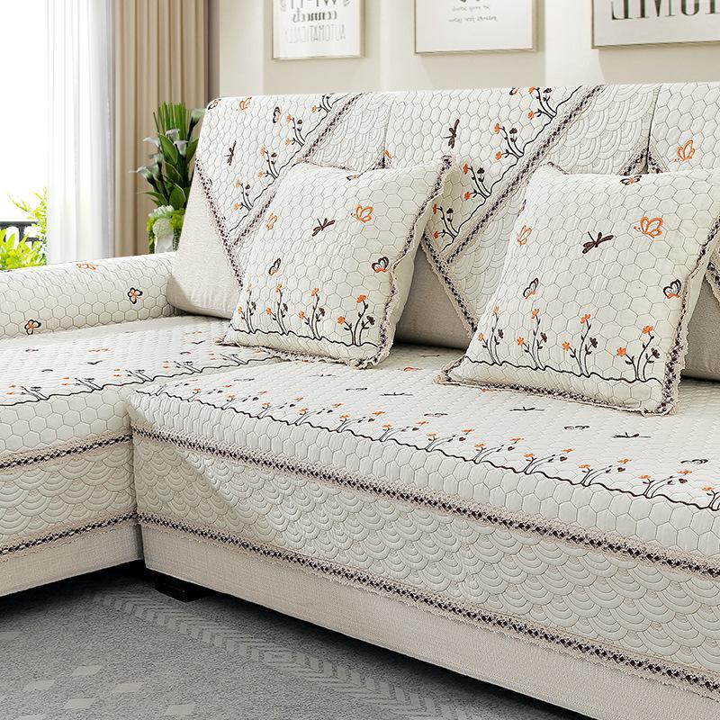Summer Pure Cotton Washed Sofa Cushion Four Seasons Universal Non-Slip Embroidery Simple Cloth Cotton Backrest Towel Cover Cloth