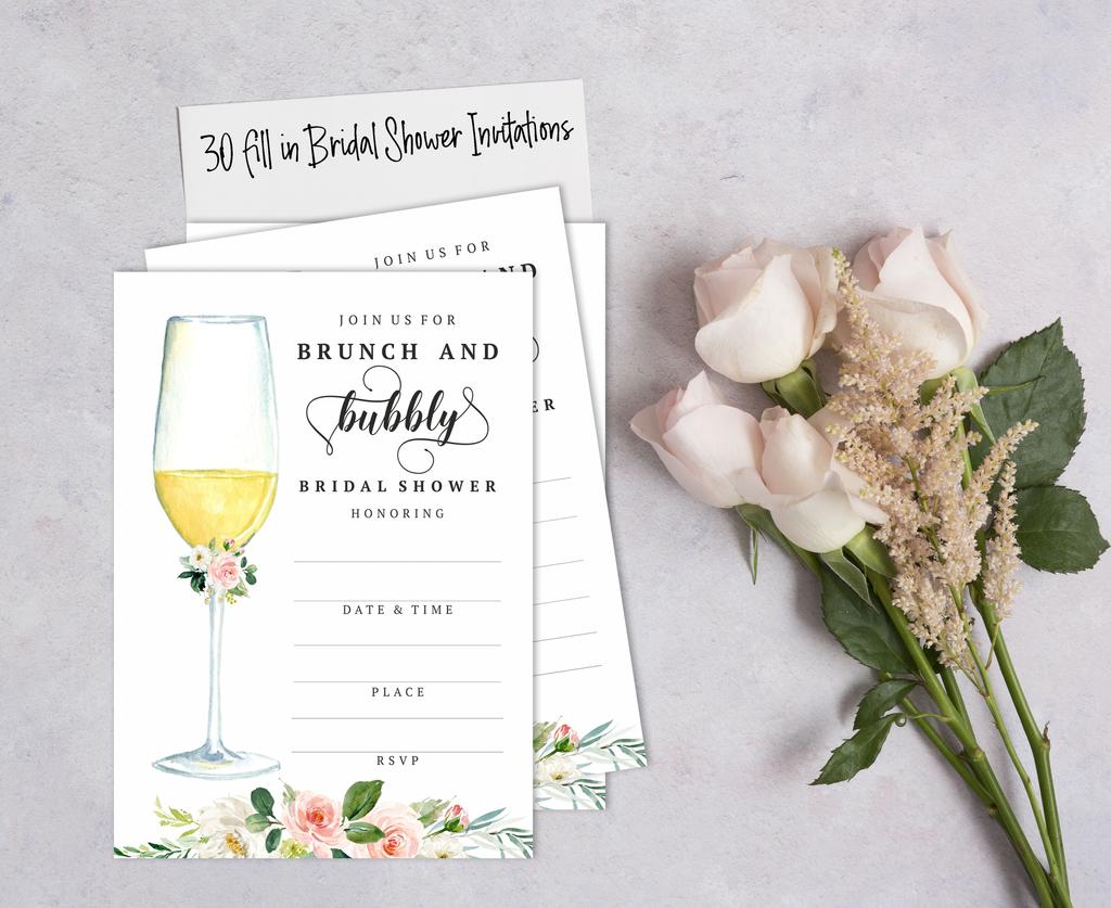 Inkdotpot 30A  Floral Brunch & BubblyA  Fill-In Style Bridal Shower Invitations Wedding Blank