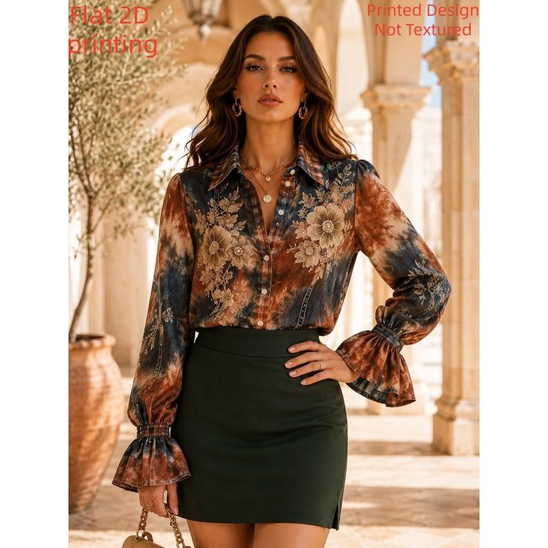 Womens Western Vintage Floral Shirt Long Sleeve Casual Top Daily Wear