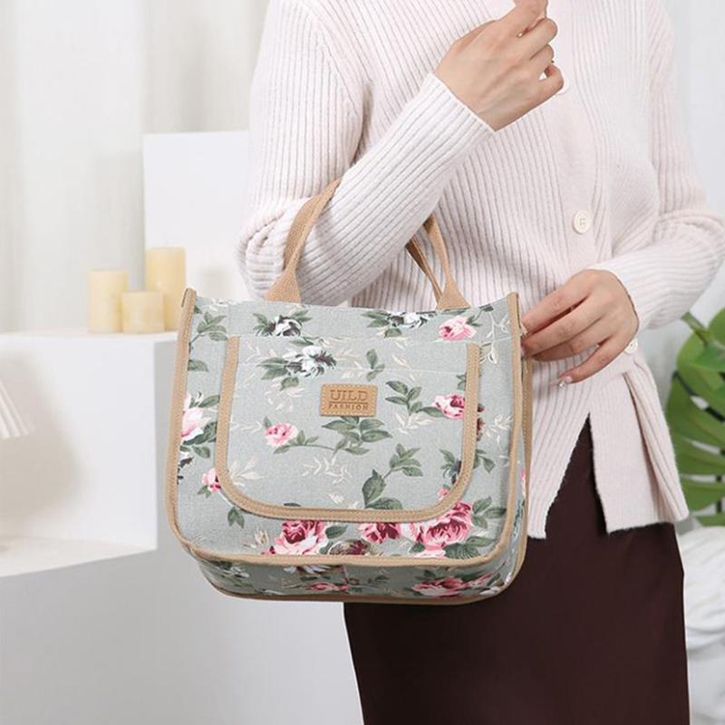 Simple Ethnic Style Flower Print Handbag Office Worker Lunch Bag Commuter Bento Tote Bag