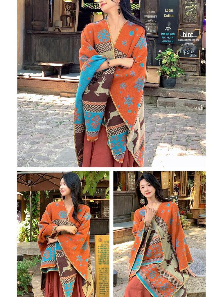 Ethnischer Stil Doppelseitiger Kaschmir-ähnlicher Schal Umhang für Herbst und Winter