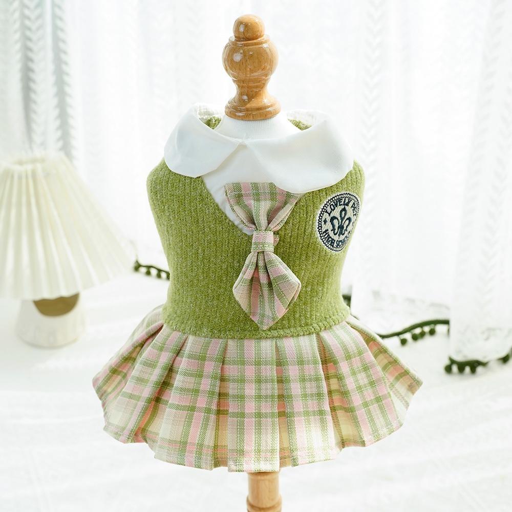 Knitted Pet JK Plaid Skirt Kawaii Dog Dress School Uniform Cat Clothes Small Medium Dogs