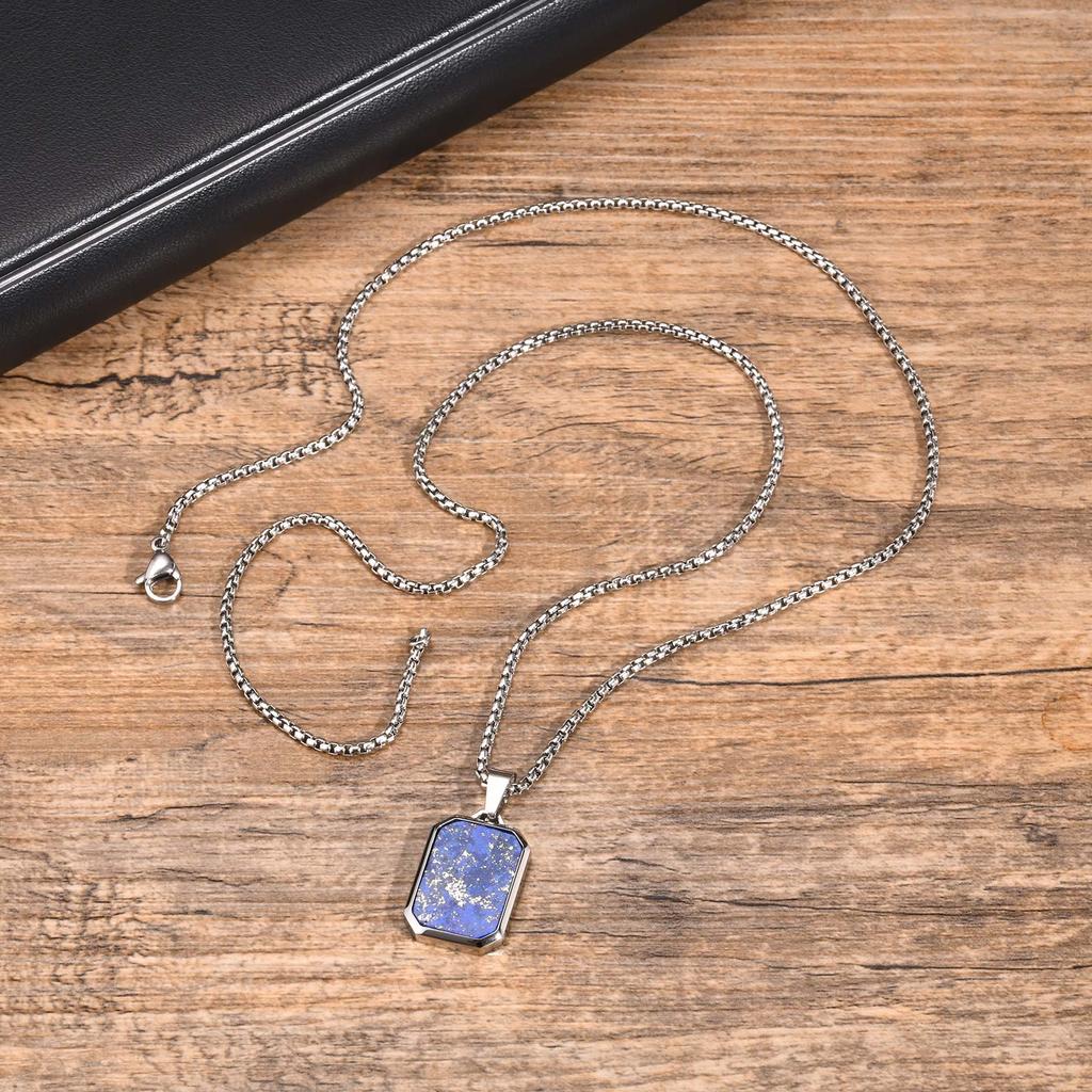 Stainless Steel Rectangle Natural Stone Pendant Necklaces, Minimalist Dainty Chain Necklace, Luxury Fashion Jewelry For Men Gift
