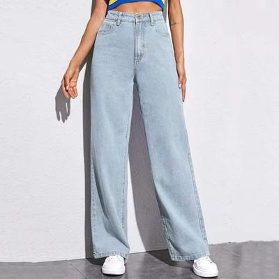 Women Straight Bell-bottom Jeans High Waist Button Zipper Closure Pants Solid Color Denim