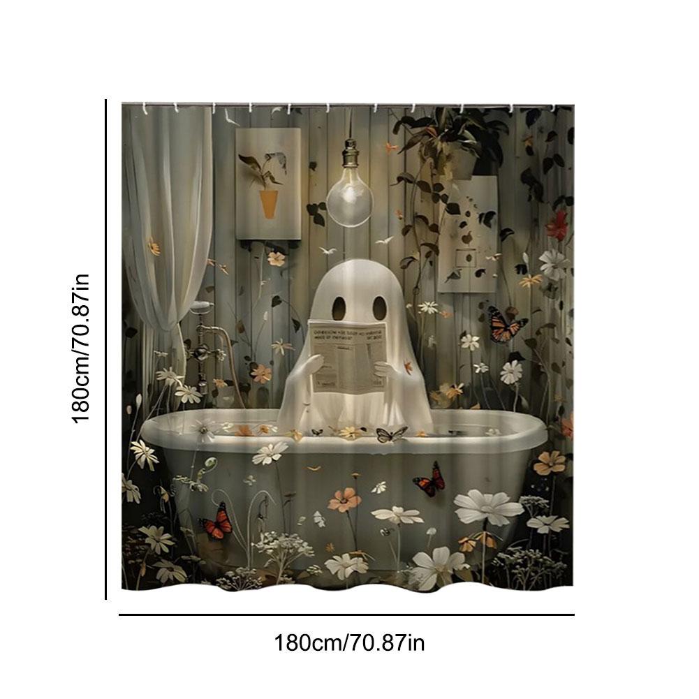 Cute Cartoon Ghost Shower Curtain Set Halloween Shower Curtain Washable Halloween Bathroom Curtain Polyester Fabric with Hooks