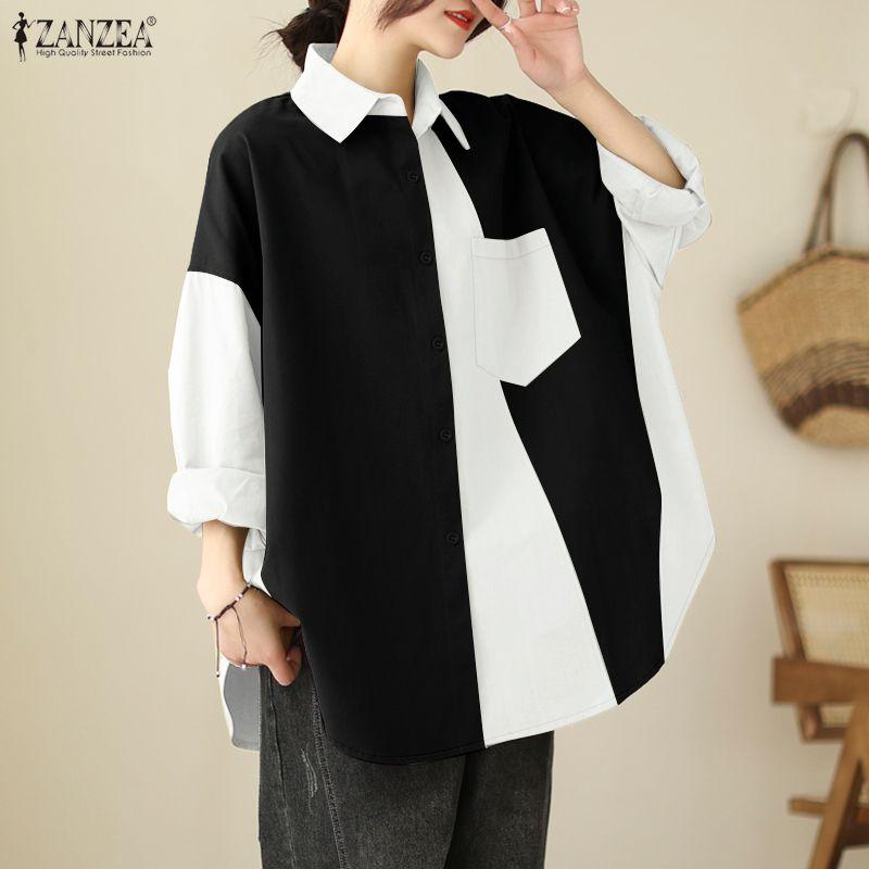 

ZANZEA Женская блузка с отложным воротником, пэчворк, свободного кроя, с длинным рукавом, в стиле кэжуал 4XL чёрный