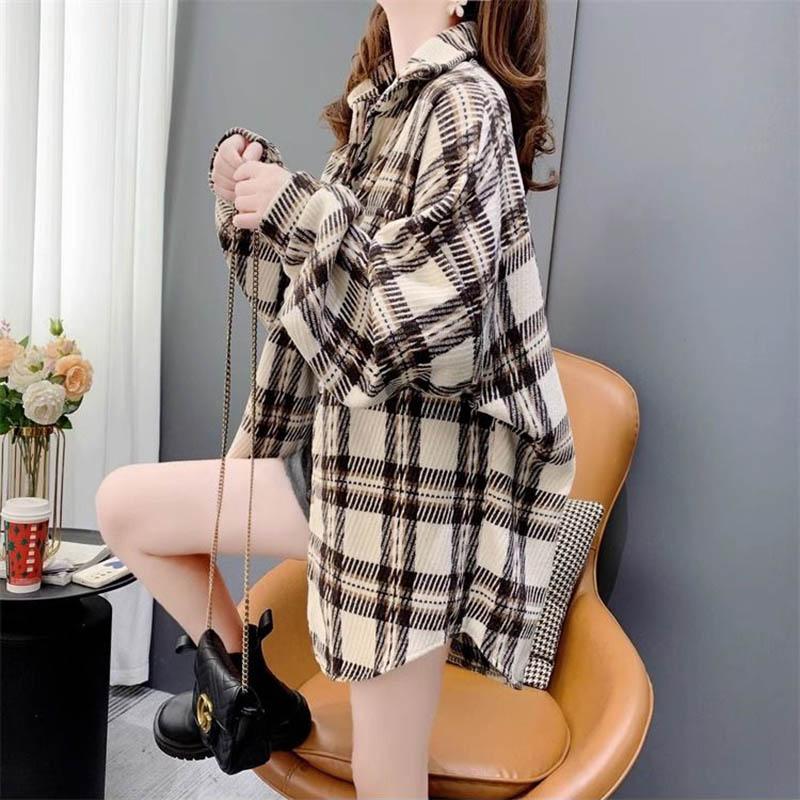 Shirt Jacket Women Plaid Large Size Loose Long-sleeved Versatile Buttons Jacket