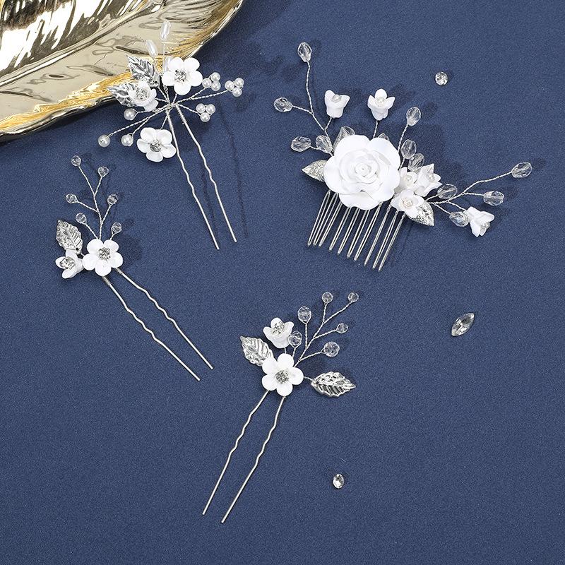 Handmade White Pearl Rose & Rhinestone Hair Comb & Ceramic Flower Vase Bridal Set