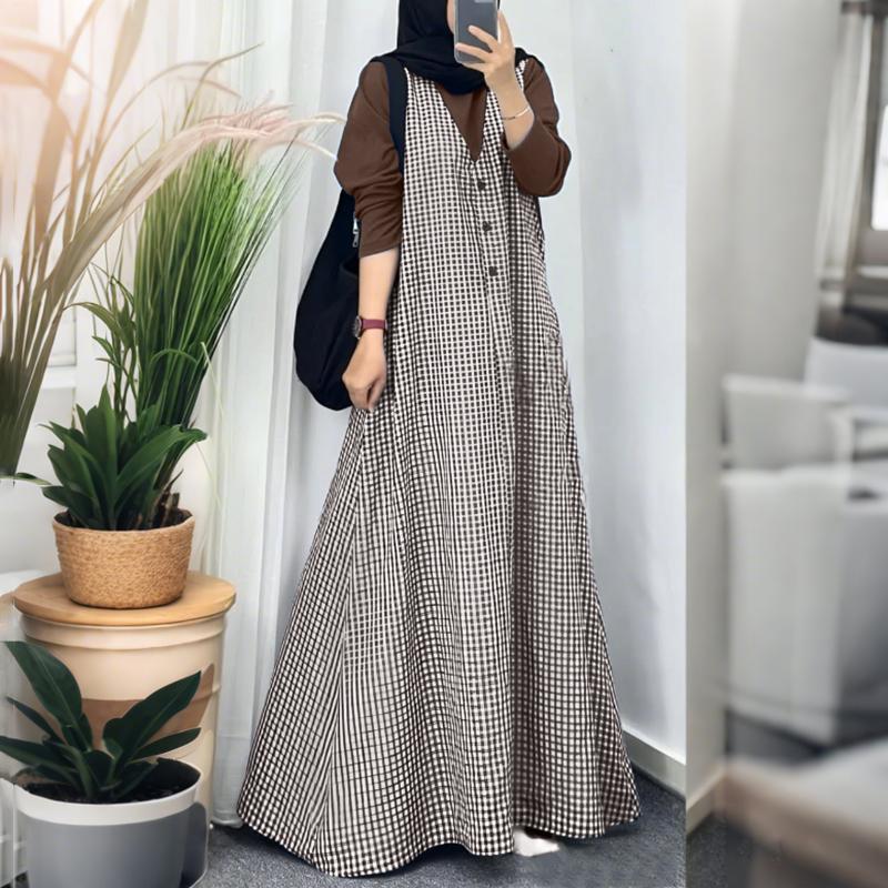 ZANZEA Women Casual Round Neck Long Sleeve Muslim Plaid Long Dress 5XL коричневый