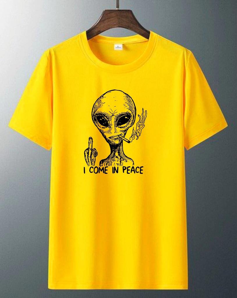 Alien I Come In Peace T-Shirt, Funny Smoking Sci-Fi Novelty Unisex Tee