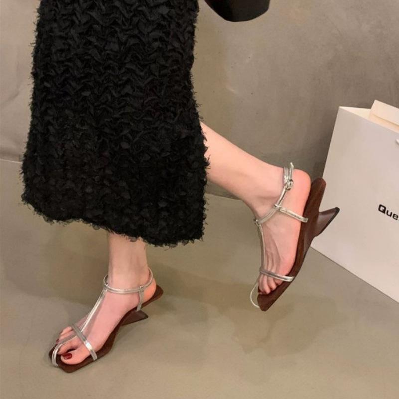 Fashion Women Open-toe Special-shaped Wedge Heels Sandals Summer New Roman Style Retro Thin-strap Solid Color High-end Holiday Sandals