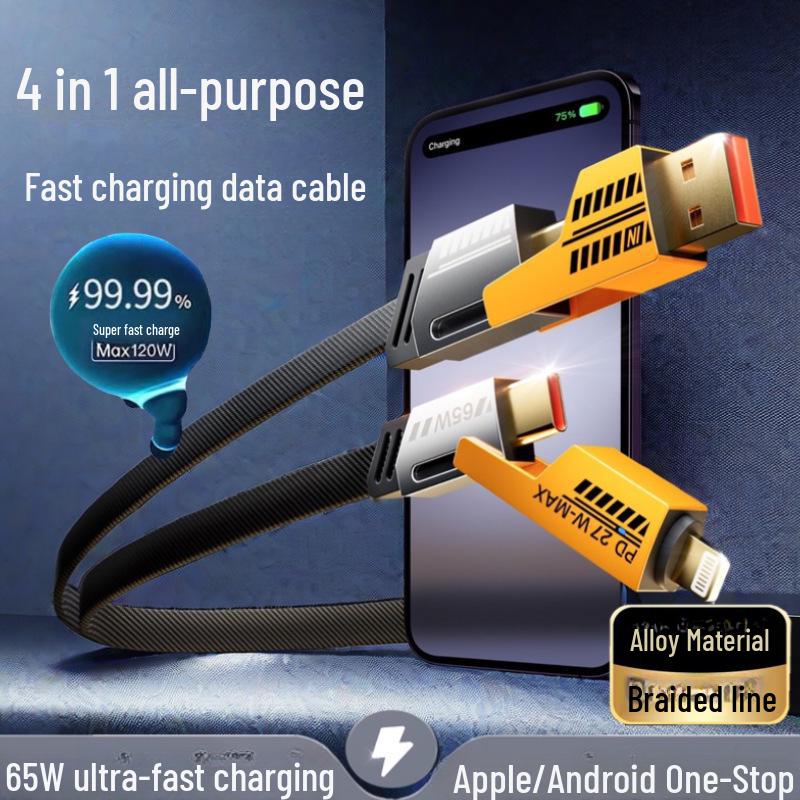 High-Quality PD27W 4-in-1 Fast Charging Braided Cable, Compatible with Apple 15