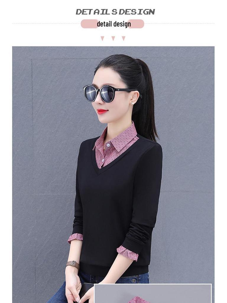 Khmer Farbblock-Revers Zweiteiliger Look Damen Langarm Herbst/Winter Pullover-Shirt