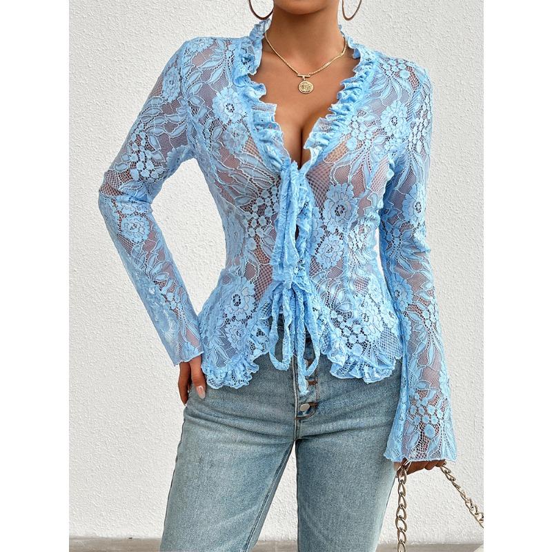 Women's Sexy Slim Long-sleeved Lace Lace Top Blouse