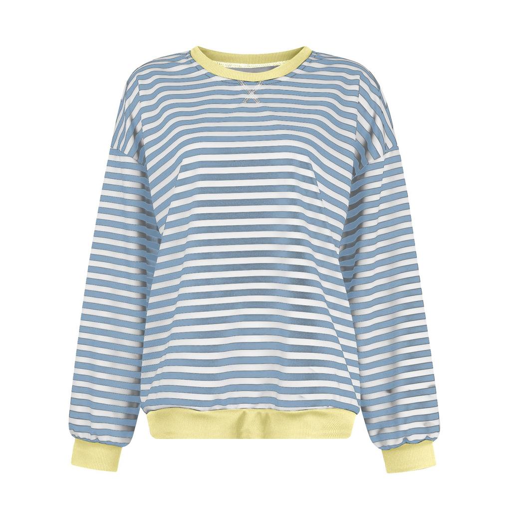 Women's Oversized Striped Color Blocking Long Sleeved Round Neck Sports Shirt Casual Loose Fitting Pullover Shirt Top