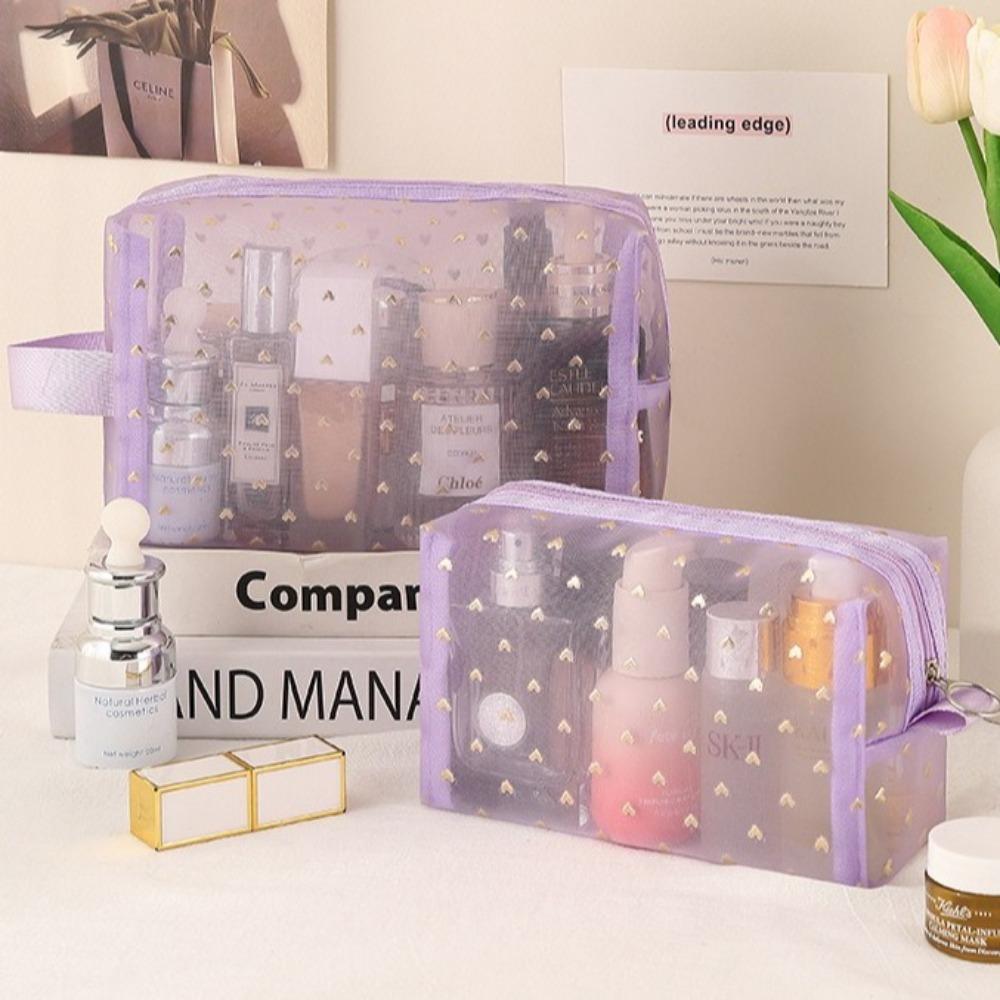 Fashion Portable Cosmetics Storage Bag Mesh Heart Makeup Bag Toiletries Bag Women