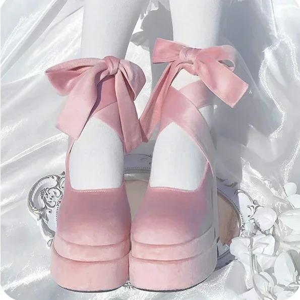 

2024 Suede Butterfly Knot Pumps Women Sweet Pink Mary Jane Shoes Cross Strap Thick Heel Shoes Ladies Elegant Dress Party Pumps 35