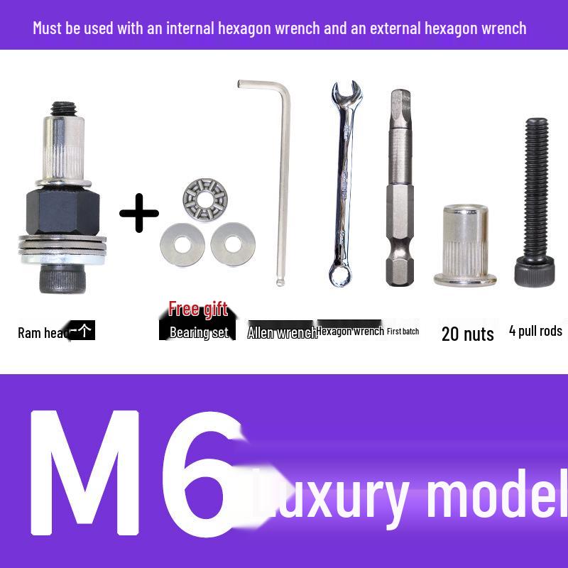 Multi-Purpose Electric Rivet Tool with Manual Wrench and Nut Head Attachment