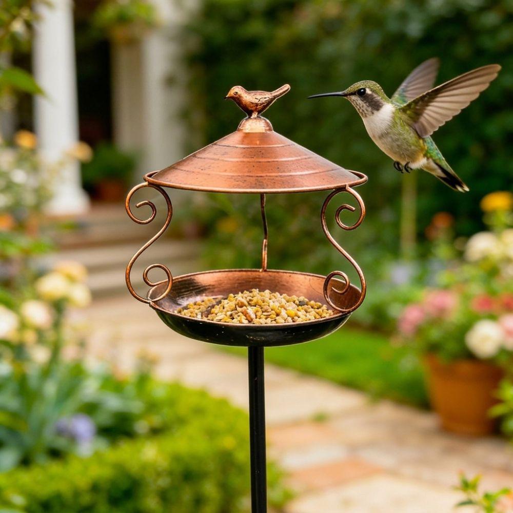 Weatherproof Standing Bird Feeder Iron Art Retro Style Wild Feeding Station Large Capacity Rust-resistant Bird Water Drinker