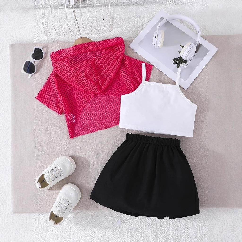 Girls Fashion Suit Pink Grid Short Sleeve Top + White Vest + Black Pleated Skirt
